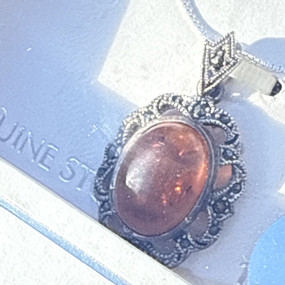 925 Sterling Silver Amber Oval Bezel Charm Pendant Necklace Box Chain 18” NIB - Picture 2 of 4